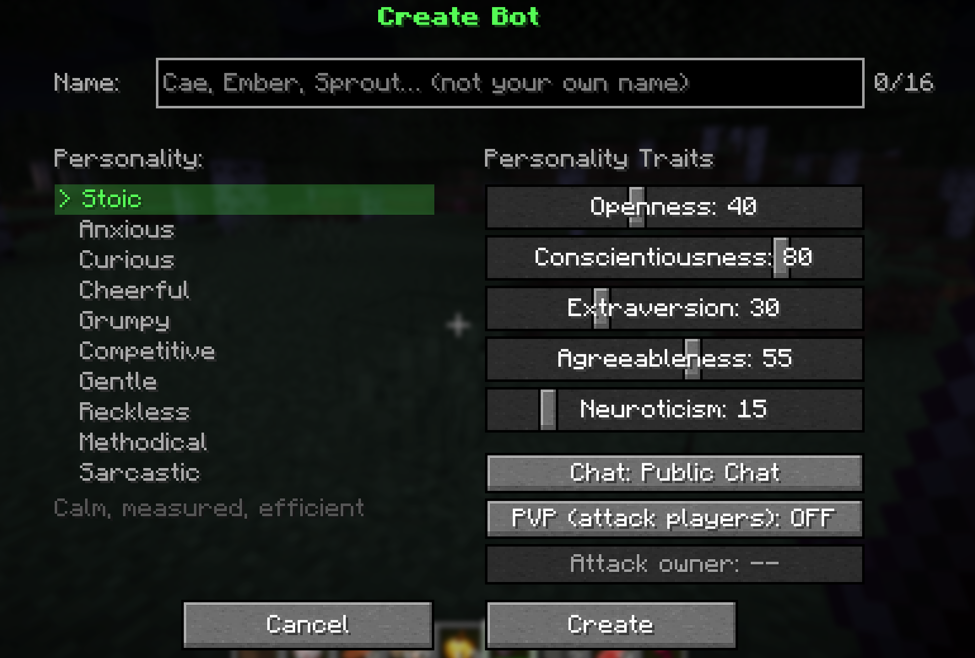 In-game GUI to create a VoxelMind bot, choosing a personality preset and OCEAN personality traits