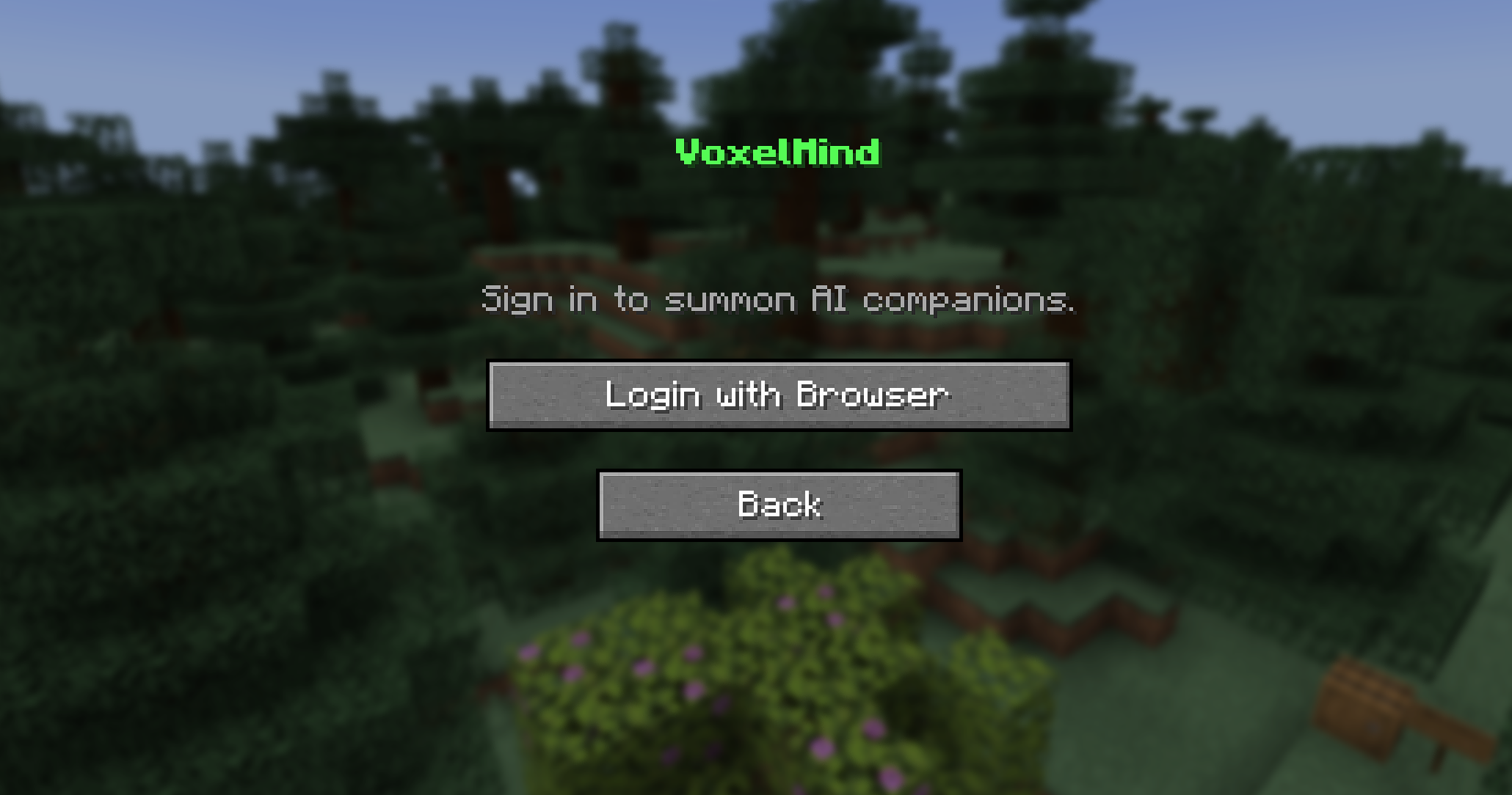 VoxelMind mod login screen inside Minecraft: sign in to summon AI companions