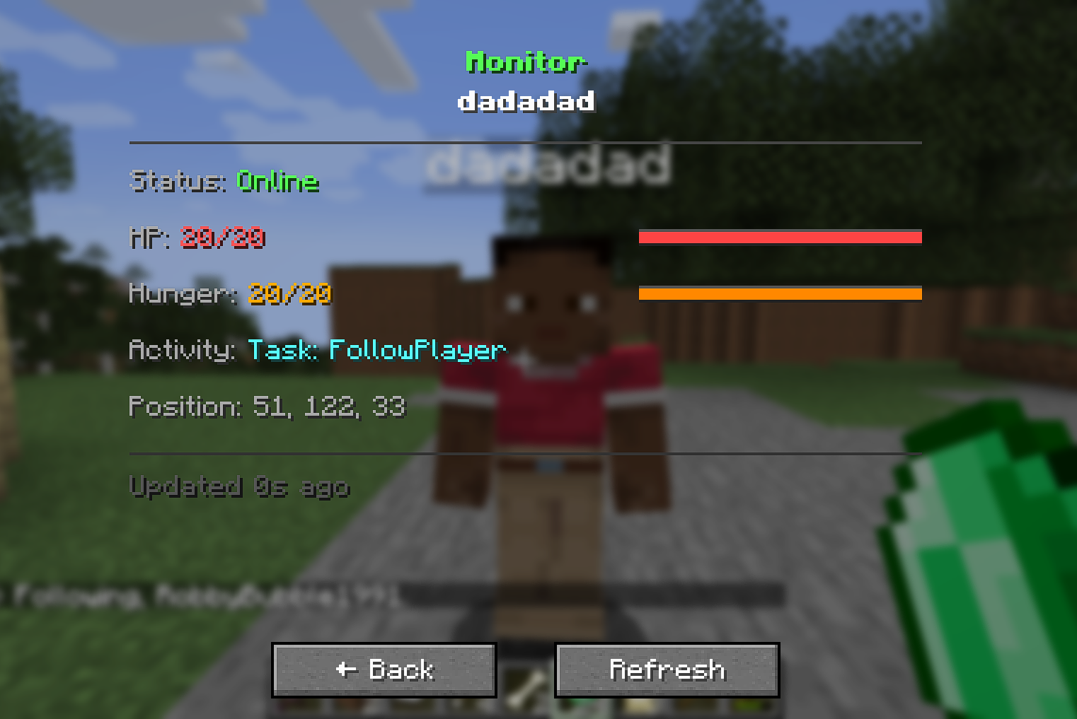In-game monitor panel showing a live VoxelMind bot's status: online, HP, hunger, current activity and position while following the player
